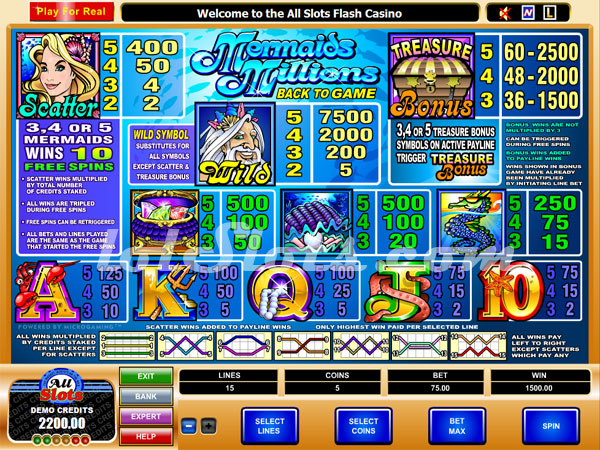 mermaids millions slots game paytable